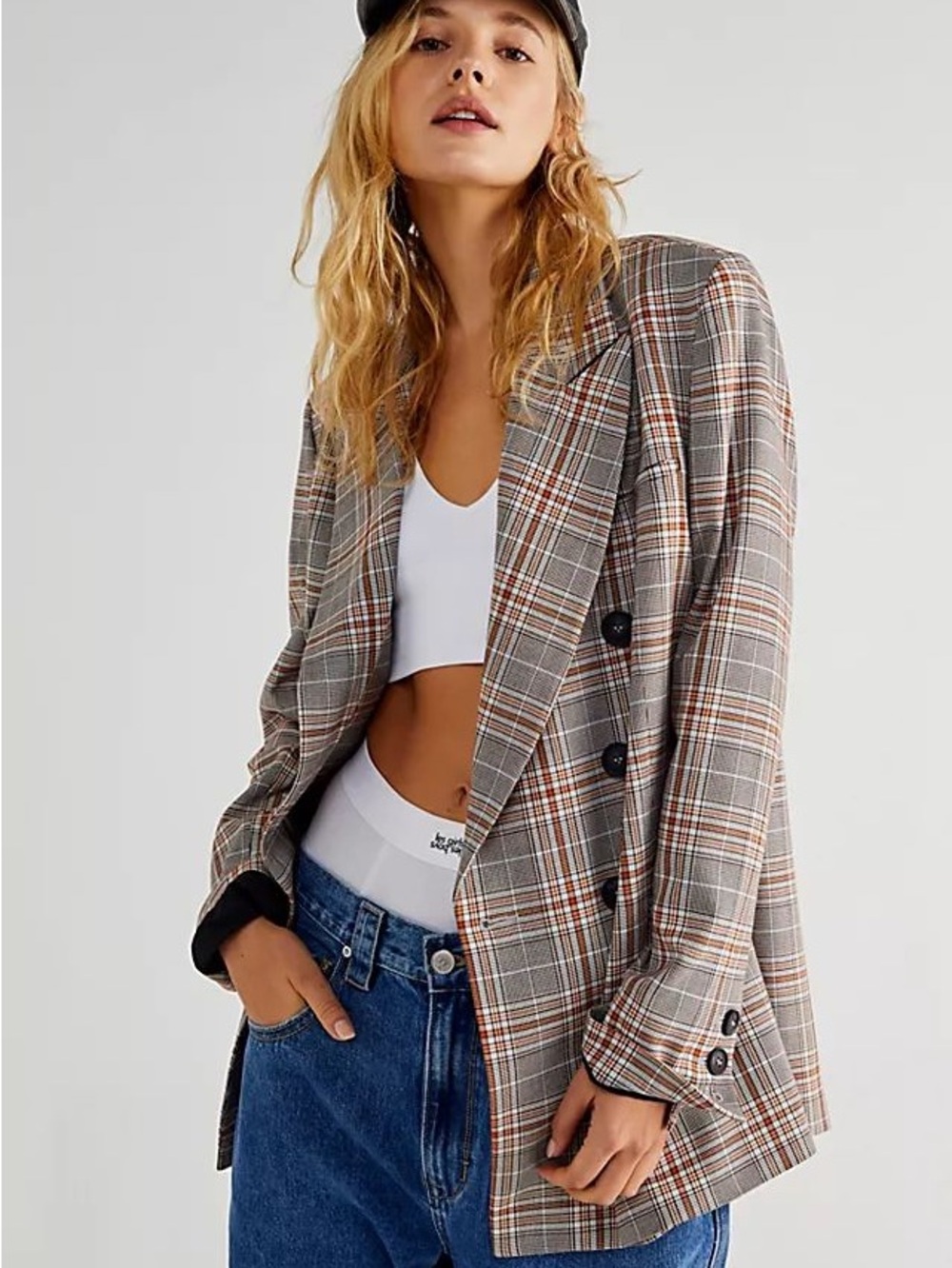 Free People Ashby Plaid Oversized Double-Breasted Blazer in Gray and Brown